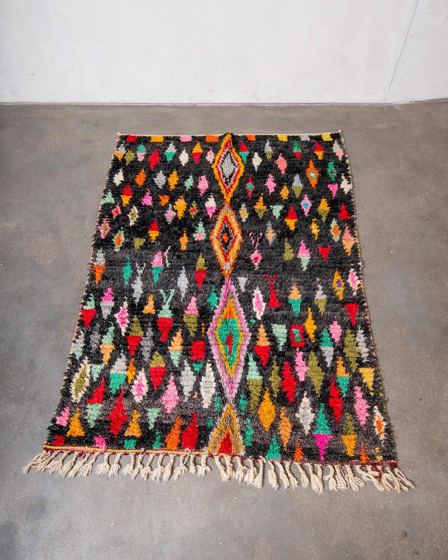 Modern, designer, handcrafted Berber rug from Morocco. Vintage carpet with beautiful colours and patterns and fluffy texture.